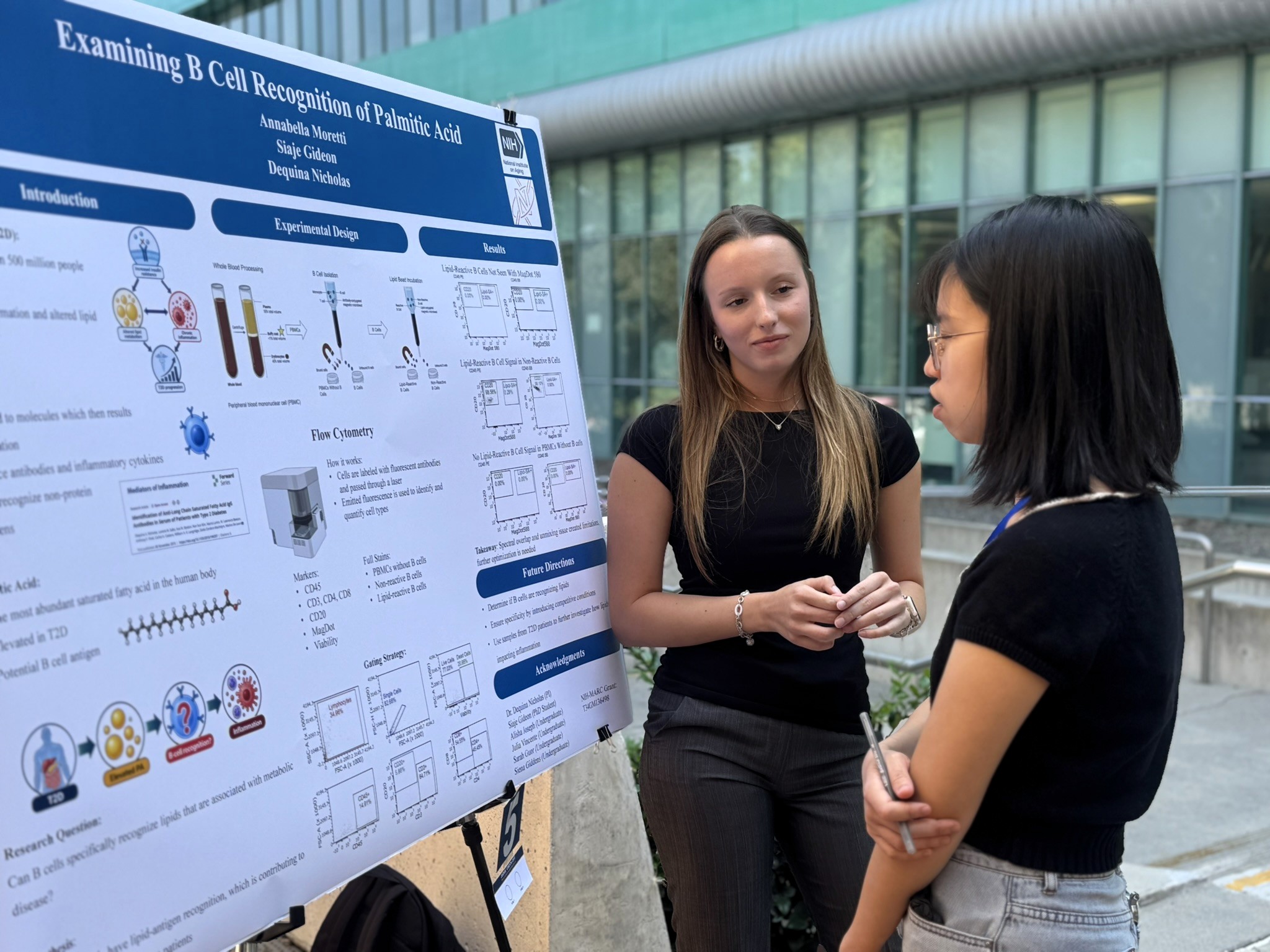 Scholar discussing her research with a visitor